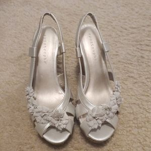 Silver/gray/opal white cork wedge sandals